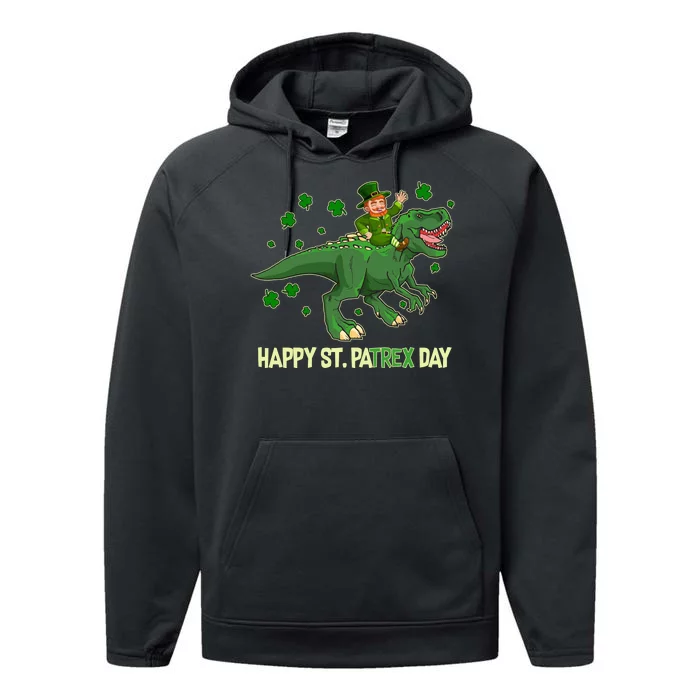 Happy St PaTREX Day Leprechaun Riding T-Rex Dinosaur Performance Fleece Hoodie