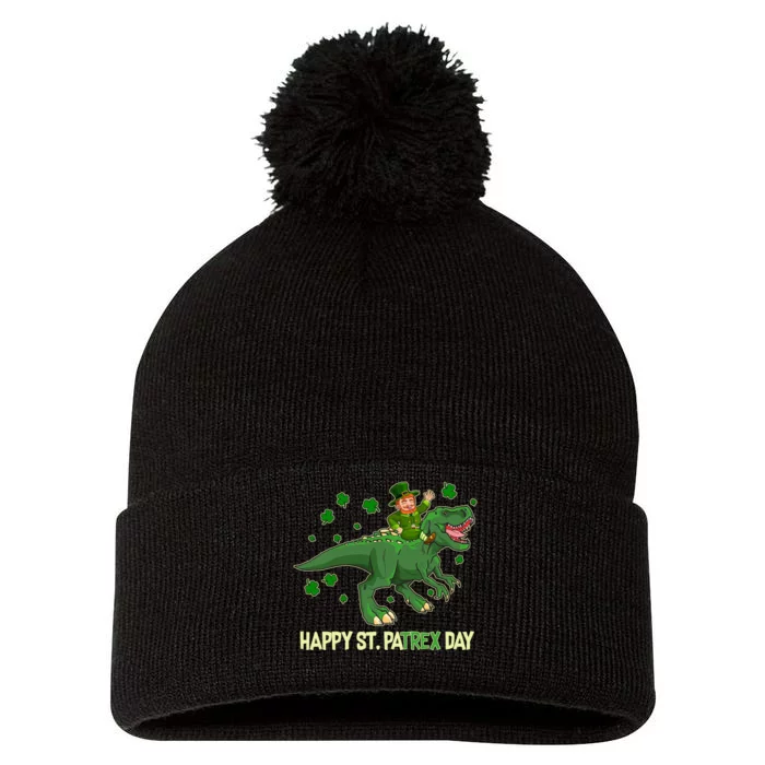 Happy St PaTREX Day Leprechaun Riding T-Rex Dinosaur Pom Pom 12in Knit Beanie