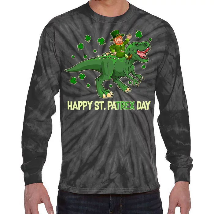 Happy St PaTREX Day Leprechaun Riding T-Rex Dinosaur Tie-Dye Long Sleeve Shirt