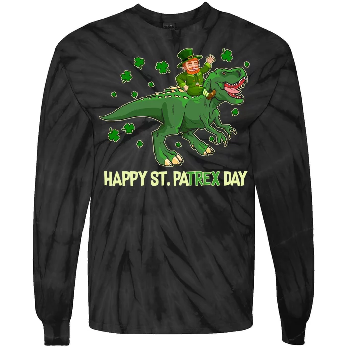 Happy St PaTREX Day Leprechaun Riding T-Rex Dinosaur Tie-Dye Long Sleeve Shirt