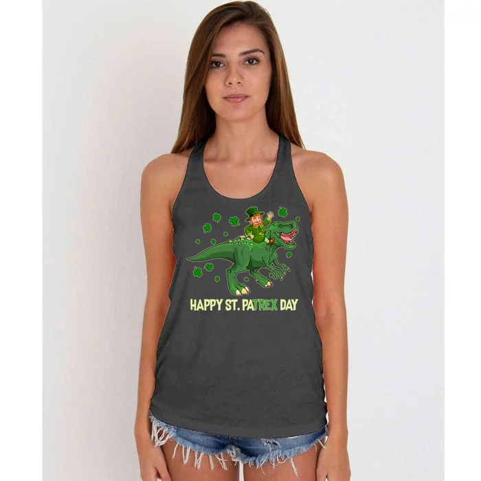 Happy St PaTREX Day Leprechaun Riding T-Rex Dinosaur Women's Knotted Racerback Tank