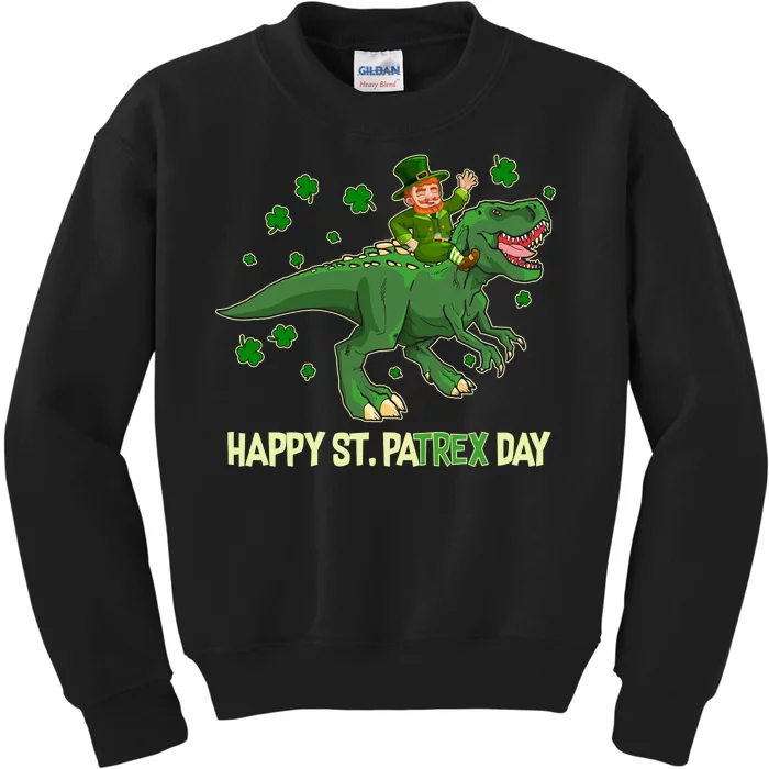 Happy St PaTREX Day Leprechaun Riding T-Rex Dinosaur Kids Sweatshirt