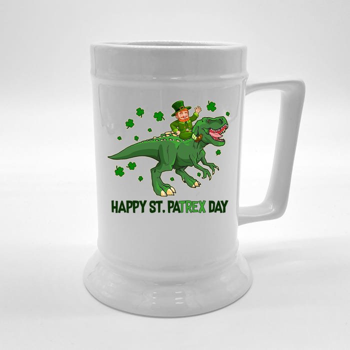 Happy St PaTREX Day Leprechaun Riding T-Rex Dinosaur Front & Back Beer Stein