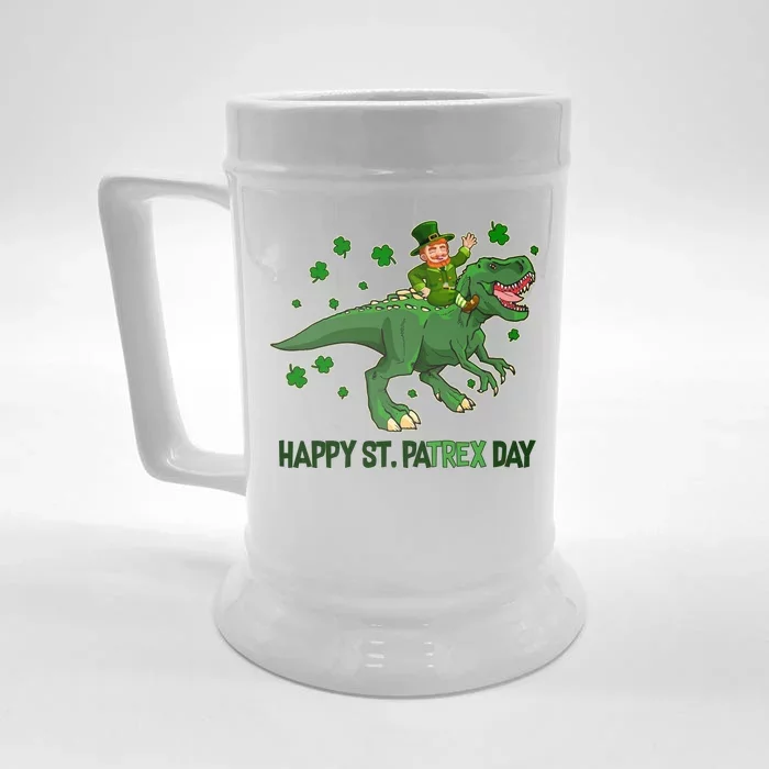 Happy St PaTREX Day Leprechaun Riding T-Rex Dinosaur Front & Back Beer Stein