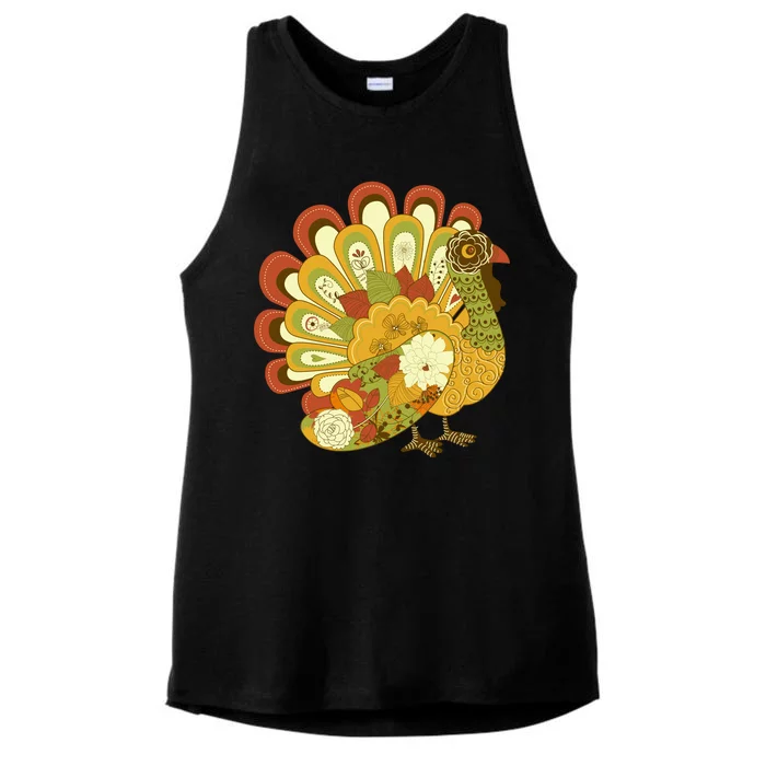 Happy Thanksgiving Floral Turkey Ladies Tri-Blend Wicking Tank