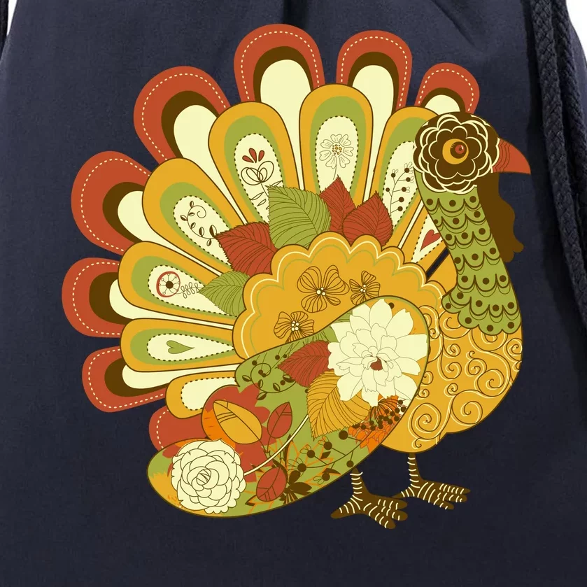 Happy Thanksgiving Floral Turkey Drawstring Bag