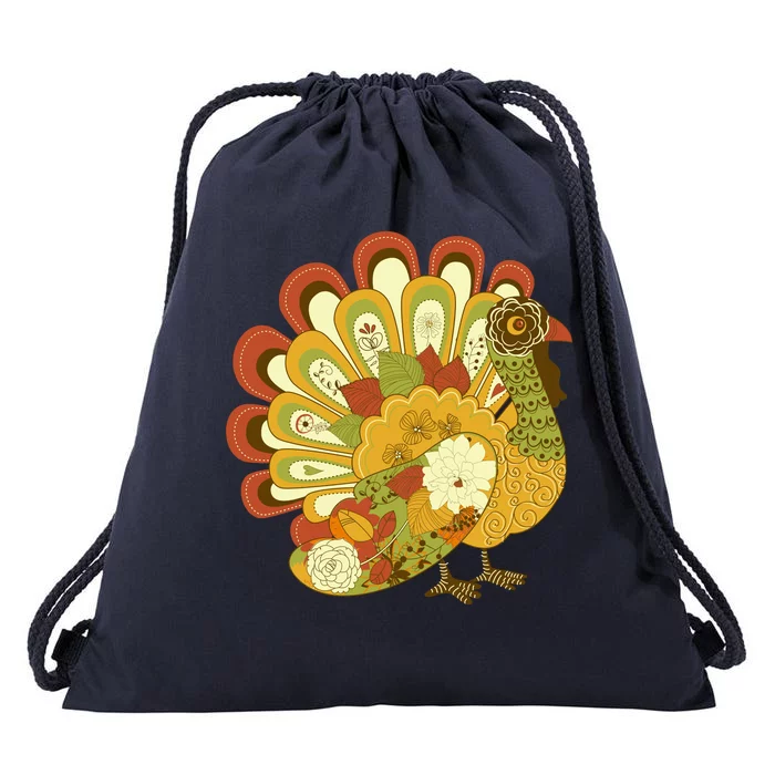 Happy Thanksgiving Floral Turkey Drawstring Bag