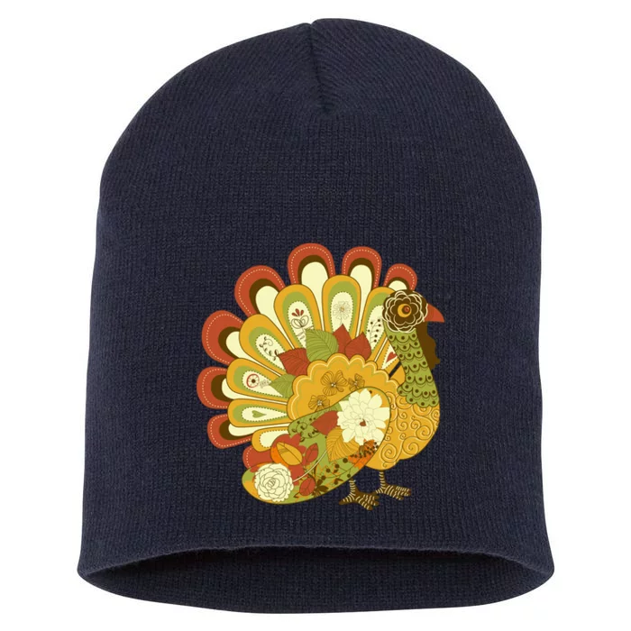 Happy Thanksgiving Floral Turkey Short Acrylic Beanie