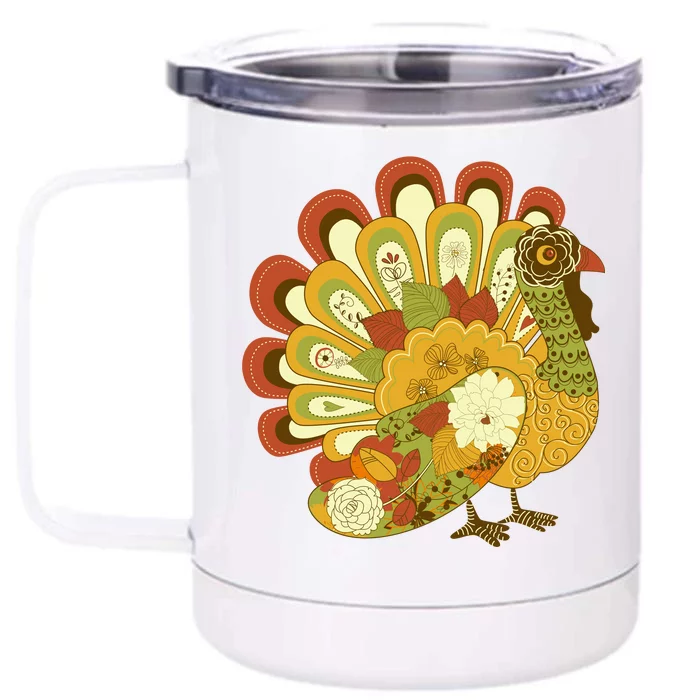 Happy Thanksgiving Floral Turkey Front & Back 12oz Stainless Steel Tumbler Cup