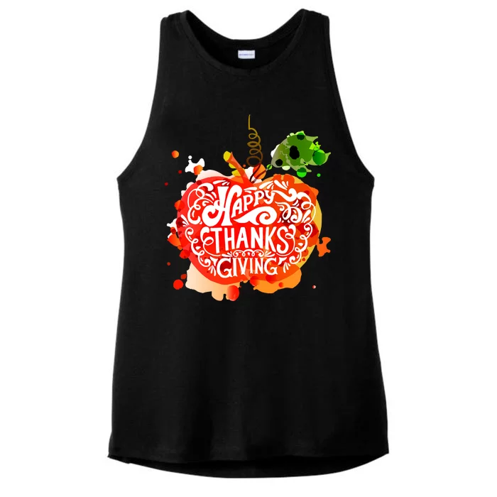 Happy Thanksgiving Pumpkin Splatter Ladies Tri-Blend Wicking Tank