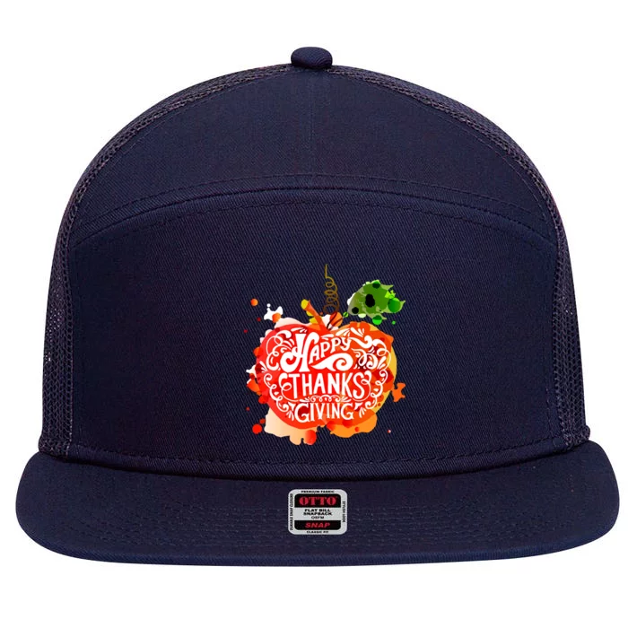 Happy Thanksgiving Pumpkin Splatter 7 Panel Mesh Trucker Snapback Hat