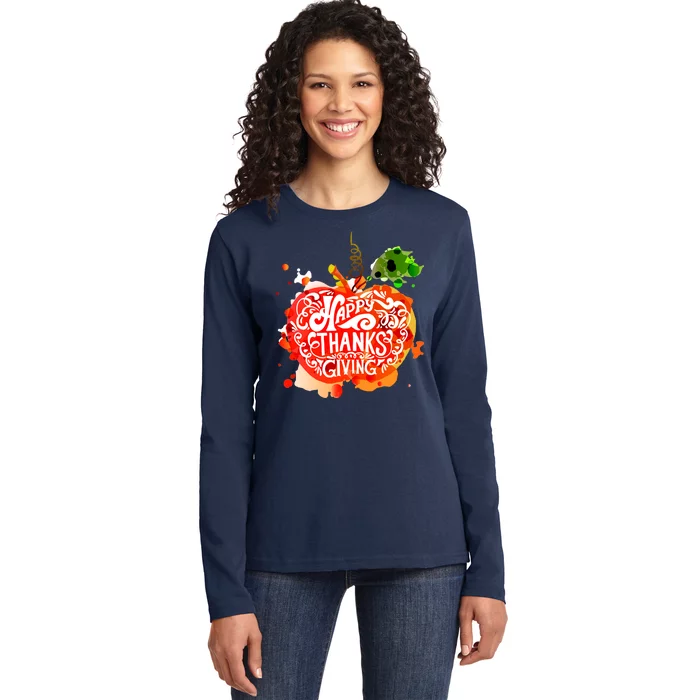 Happy Thanksgiving Pumpkin Splatter Ladies Long Sleeve Shirt