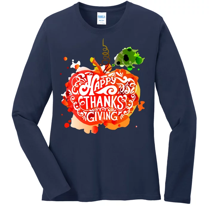 Happy Thanksgiving Pumpkin Splatter Ladies Long Sleeve Shirt