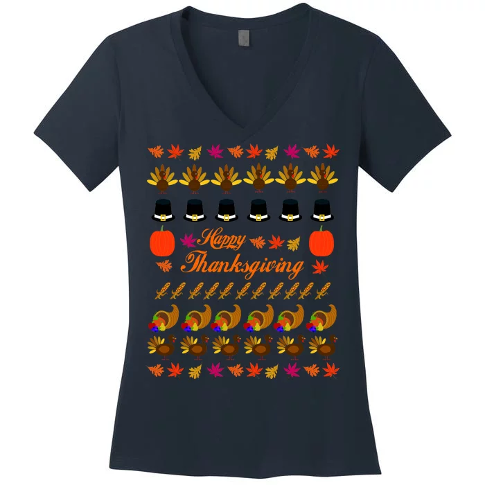 Happy Thanksgiving Turkey Ugly Sweater Women's V-Neck T-Shirt