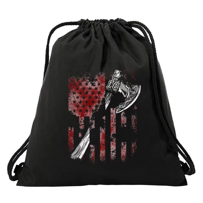 Hatchet Axe Throwing Lumberjack Logger American Flag Drawstring Bag