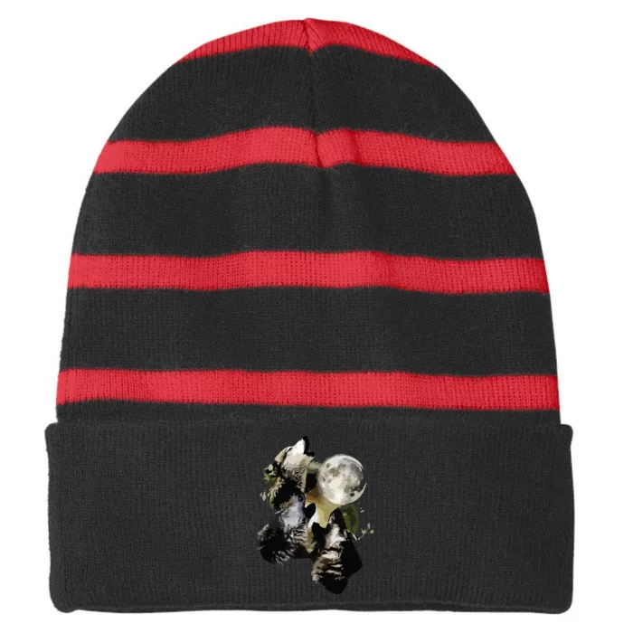 Howling At The Moon Wolves Wolf Animal Striped Beanie with Solid Band