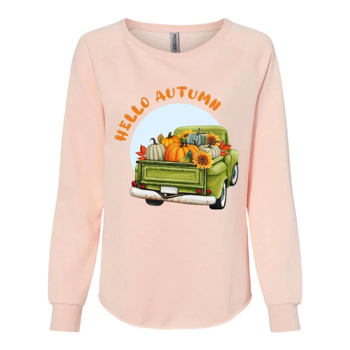 Hello Autumn Vintage Truck And Pumpkins Womens California Wash Sweatshirt