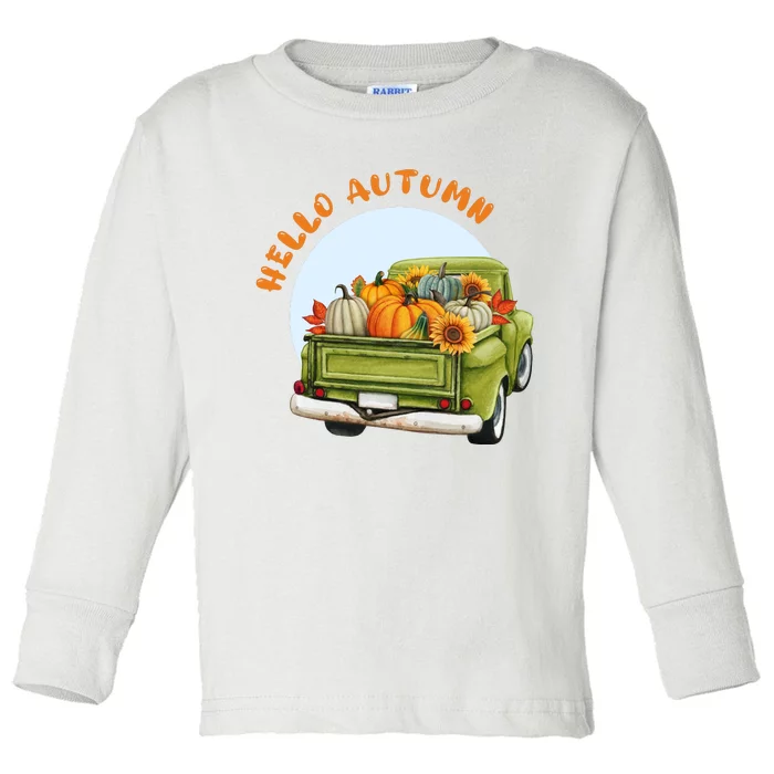 Hello Autumn Vintage Truck And Pumpkins Toddler Long Sleeve Shirt