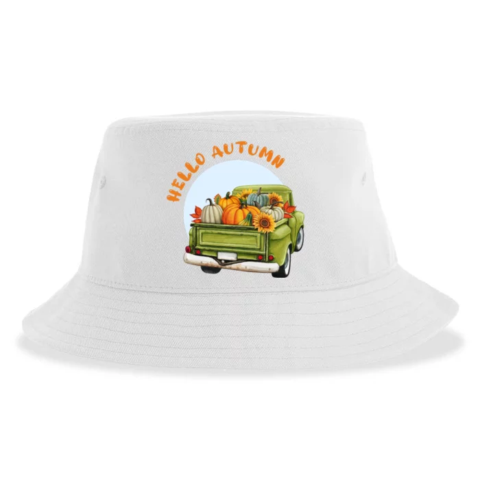 Hello Autumn Vintage Truck And Pumpkins Illustration Sustainable Bucket Hat