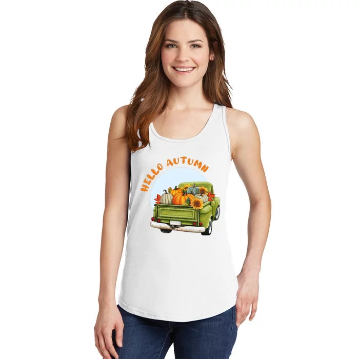 Hello Autumn Vintage Truck And Pumpkins Illustration Ladies Essential Tank