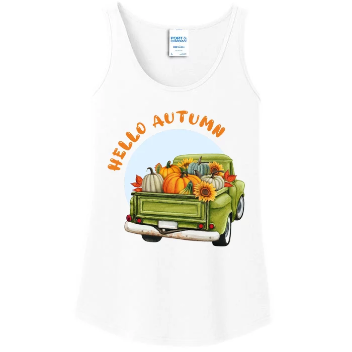 Hello Autumn Vintage Truck And Pumpkins Illustration Ladies Essential Tank