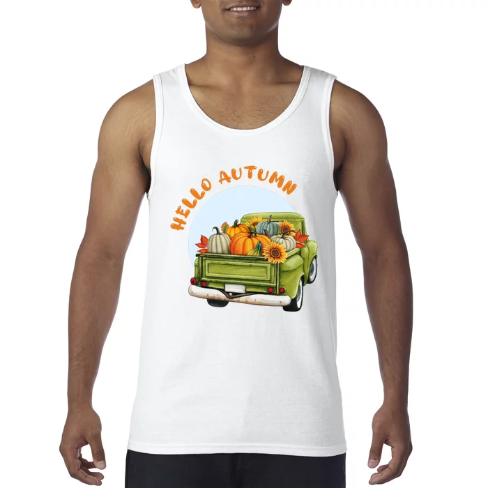 Hello Autumn Vintage Truck And Pumpkins Illustration Tank Top