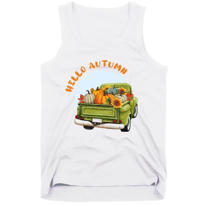 Hello Autumn Vintage Truck And Pumpkins Illustration Tank Top