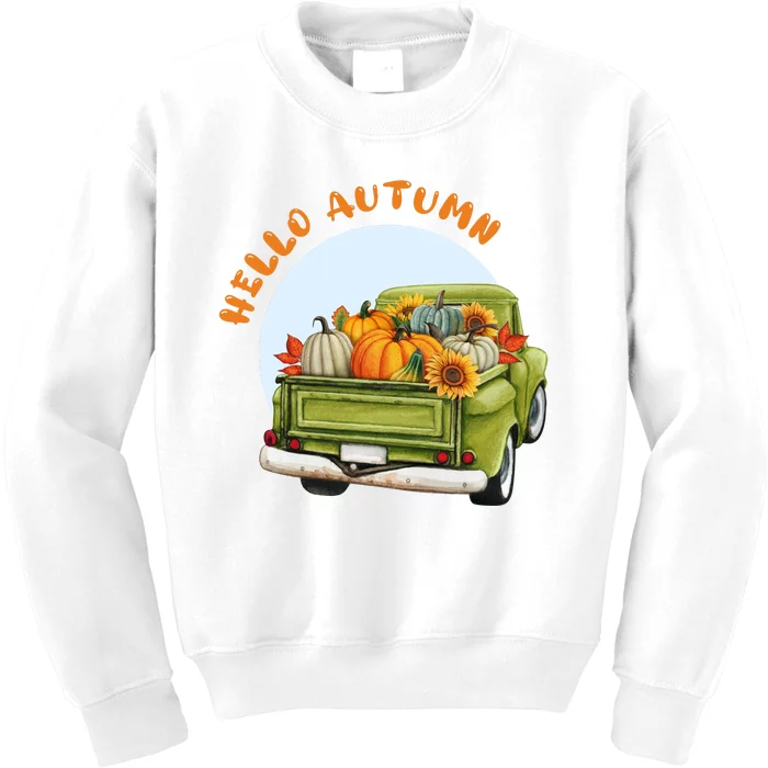 Hello Autumn Vintage Truck And Pumpkins Illustration Kids Sweatshirt