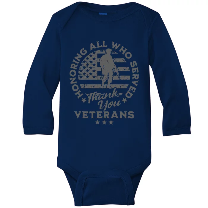 Honoring All Who Served Thank You Veterans Day American Flag Baby Long Sleeve Bodysuit