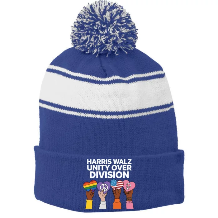 Harris And Walz Hearts Together Stronger United Gift Stripe Pom Pom Beanie