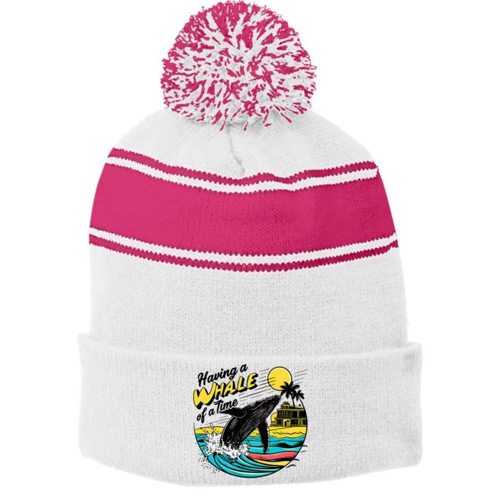 Having A Whale Of A Time Funny Humorous Beach Stripe Pom Pom Beanie