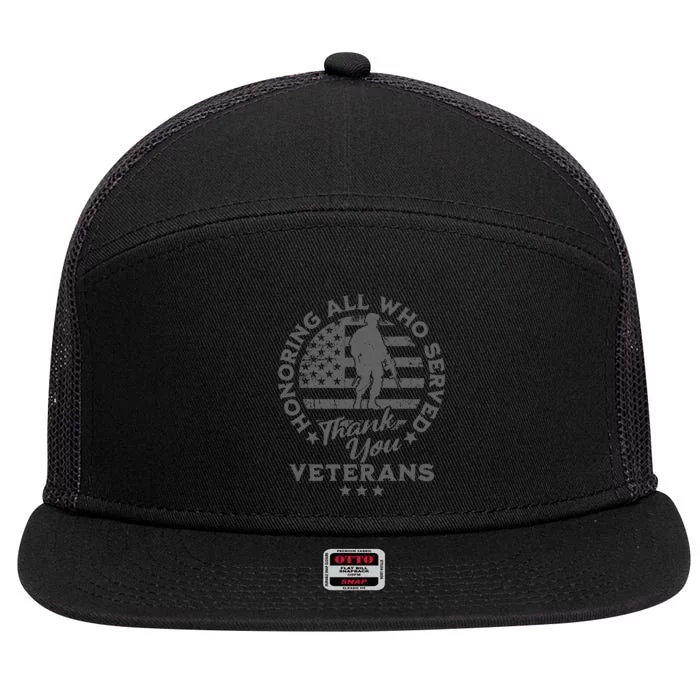 Honoring All Who Served Thank You Veterans Day American Flag 7 Panel Mesh Trucker Snapback Hat