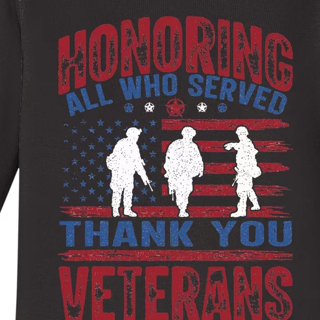 Honoring All Who Served Thank You Veterans Day American Flag Baby Long Sleeve Bodysuit