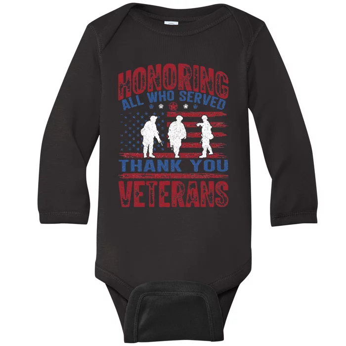 Honoring All Who Served Thank You Veterans Day American Flag Baby Long Sleeve Bodysuit