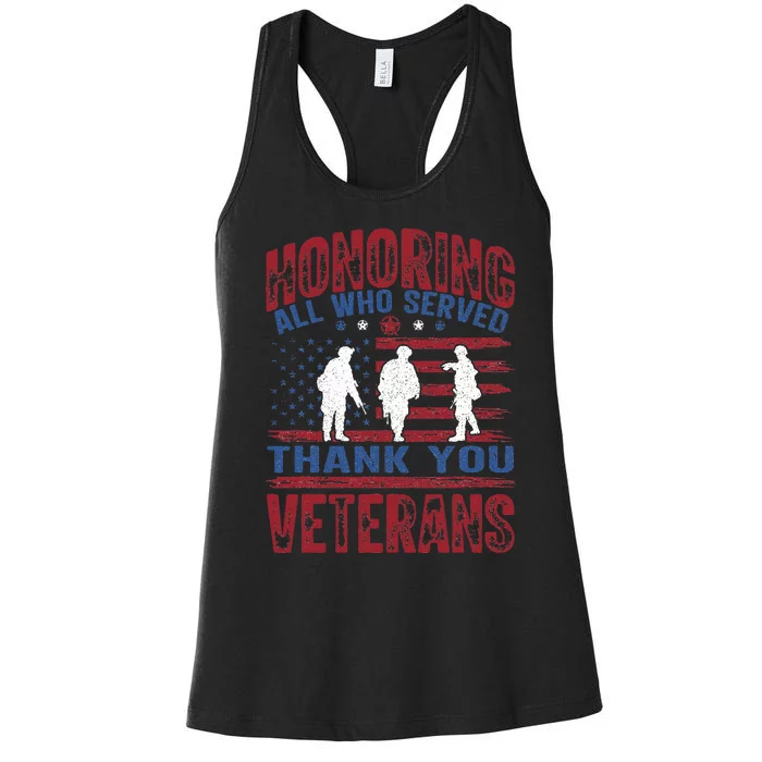 Honoring All Who Served Thank You Veterans Day American Flag Women's Racerback Tank