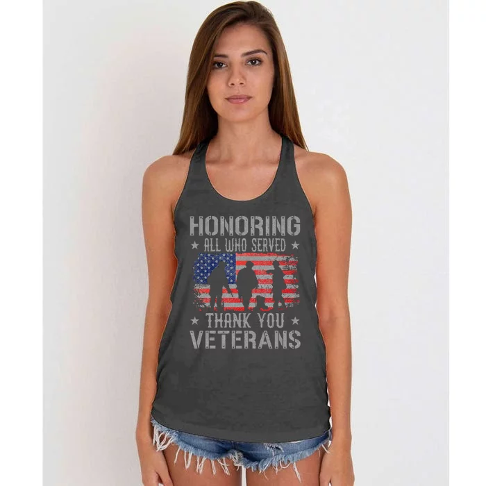 Honoring All Who Served Thank You Veterans Day American Flag Women's Knotted Racerback Tank