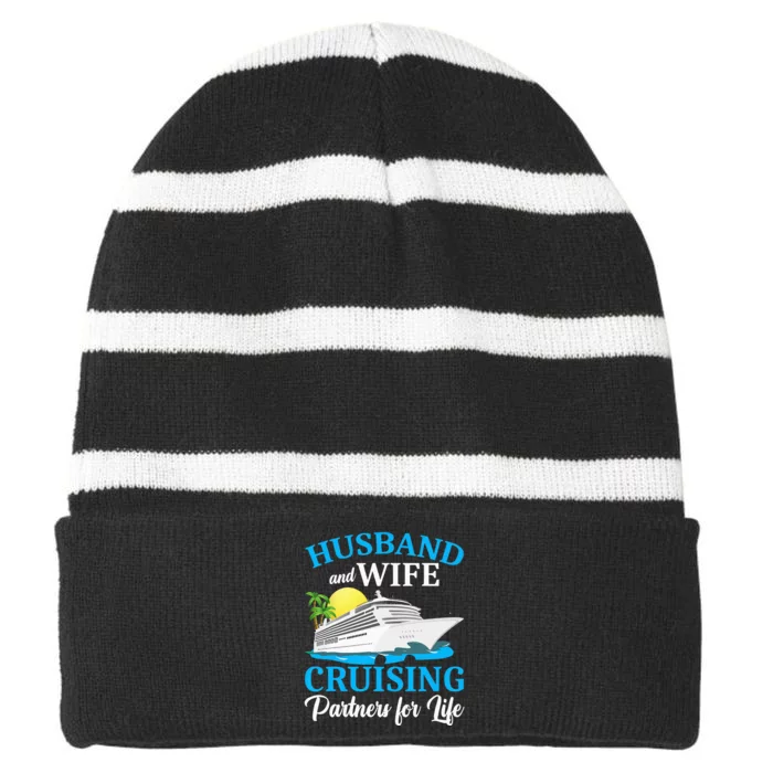 Husband And Wife Cruising Partners For Life Couple Cruise Striped Beanie with Solid Band