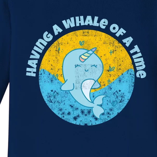 Having A Whale Of A Time Cute Kawaii Narwhal For Whale Lovers Happy Slogans Baby Long Sleeve Bodysuit