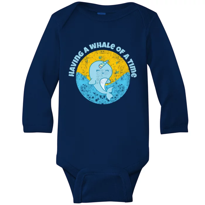 Having A Whale Of A Time Cute Kawaii Narwhal For Whale Lovers Happy Slogans Baby Long Sleeve Bodysuit