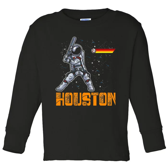 Houston Baseball A Space City Baseball And Vintage Astronaut Toddler Long Sleeve Shirt