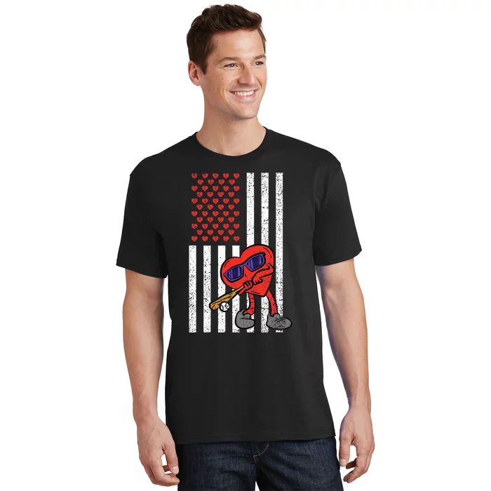 Heart Baseball American Flag Valentines Day Love Sport T-Shirt