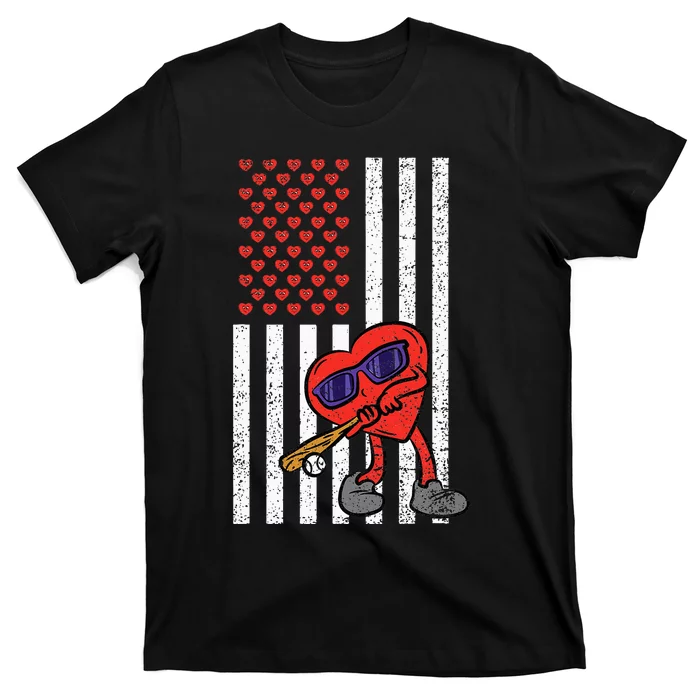 Heart Baseball American Flag Valentines Day Love Sport T-Shirt