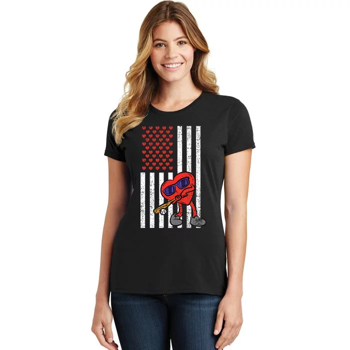 Heart Baseball American Flag Valentines Day Love Sport Women's T-Shirt