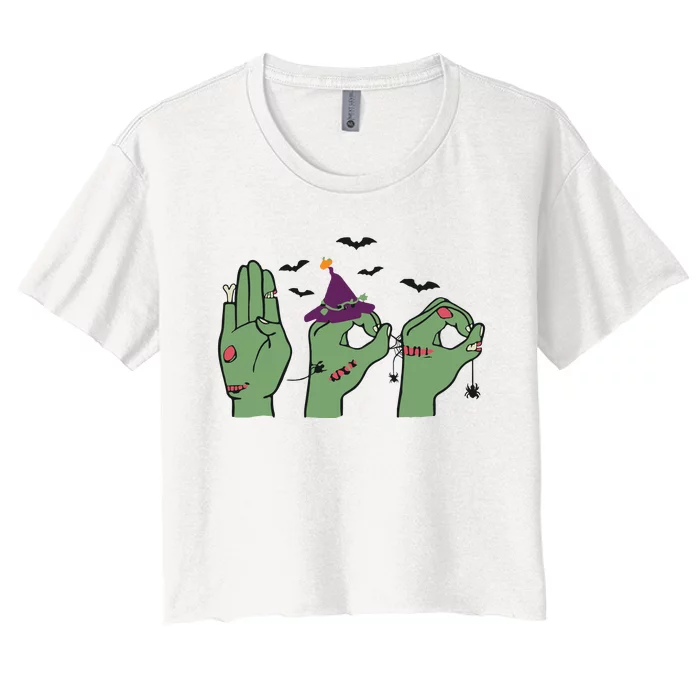 Halloween Boo ASL Halloween Hand Sign Language Women's Crop Top Tee