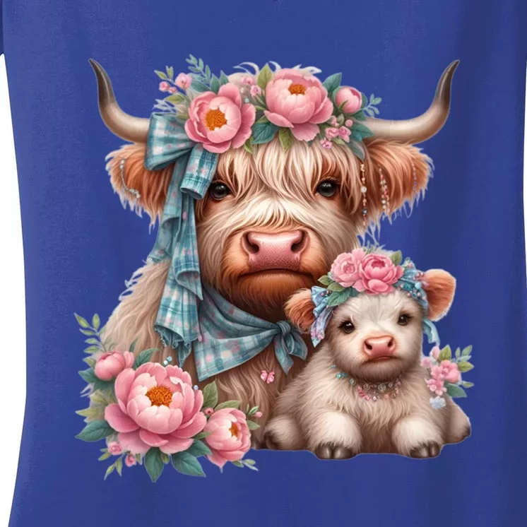 Highland Beef And Veal With Bows And Flowers Meaningful Gift Women's V-Neck T-Shirt