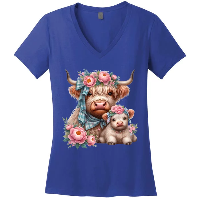 Highland Beef And Veal With Bows And Flowers Meaningful Gift Women's V-Neck T-Shirt