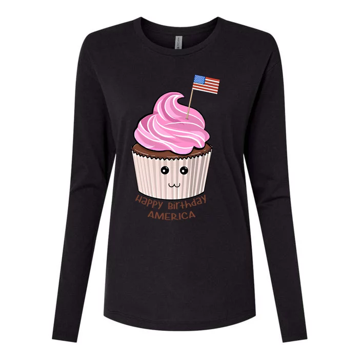 Happy Birthday America July 4th Fourth Usa Cupcake Flag Gift Womens Cotton Relaxed Long Sleeve T-Shirt