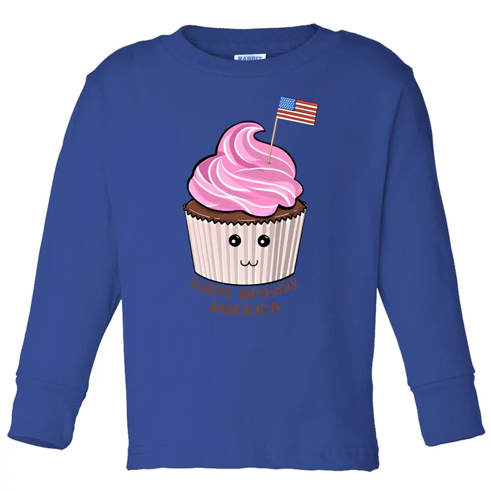 Happy Birthday America July 4th Fourth Usa Cupcake Flag Gift Toddler Long Sleeve Shirt