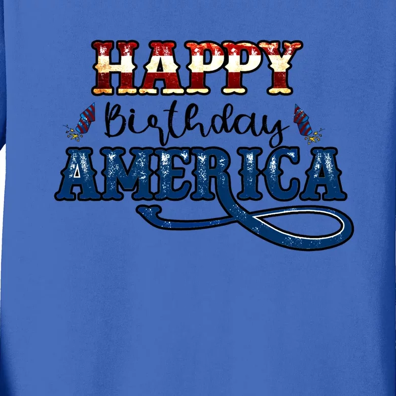 Happy Birthday America Gift Retro Usa Flag Theme Cool Gift Kids Long Sleeve Shirt