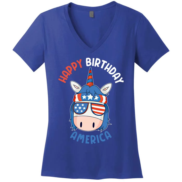 Happy Birthday America Unicorn American Outfit 4th Of July Cute Gift Women's V-Neck T-Shirt